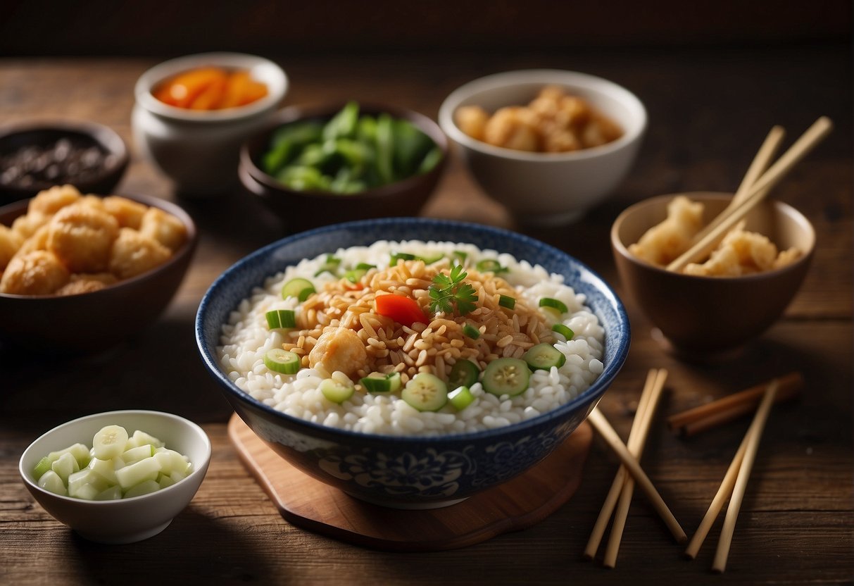 A steaming bowl of Chinese porridge sits on a wooden table, surrounded by small dishes of pickled vegetables, soy sauce, and fried dough sticks. A pair of chopsticks rests on the side of the bowl