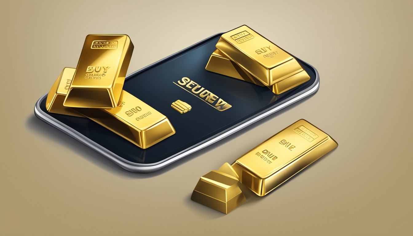 Shiny gold bars displayed on a sleek website, with a "buy now" button and secure payment options