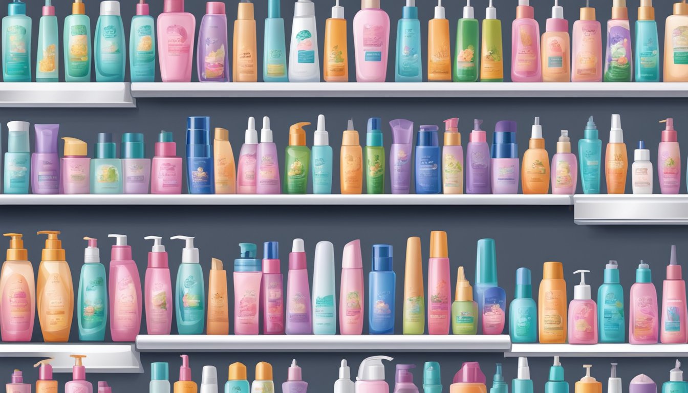 A shelf stocked with perming lotion bottles in a Singaporean beauty supply store