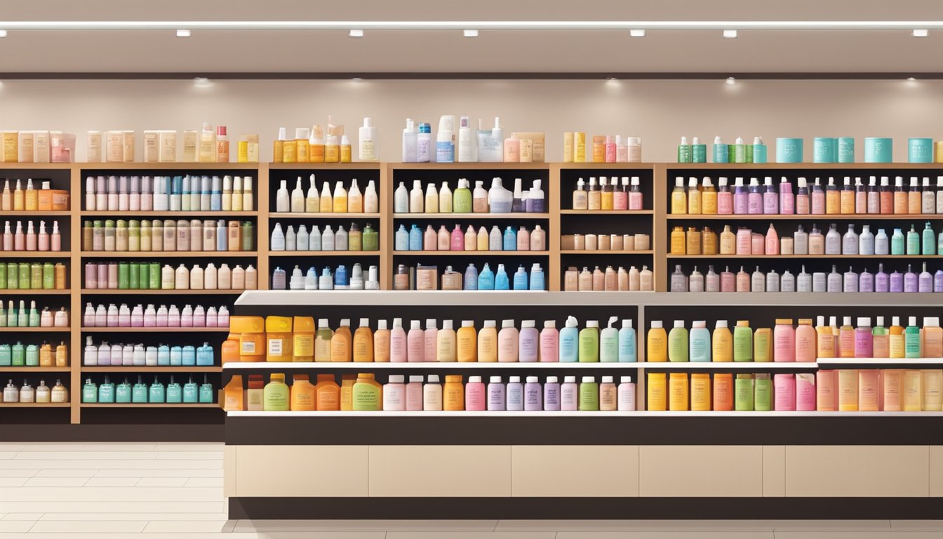 A shelf lined with various brands of perming lotion, displayed in a well-lit store in Singapore. Labels and prices are clearly visible