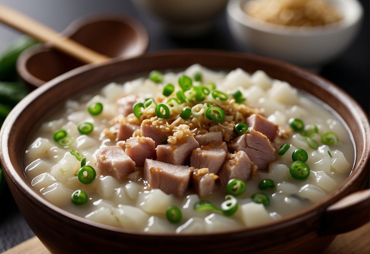 A pot of bubbling Chinese porridge, with a wooden spoon stirring in sliced ginger, tender pork, and fragrant green onions
