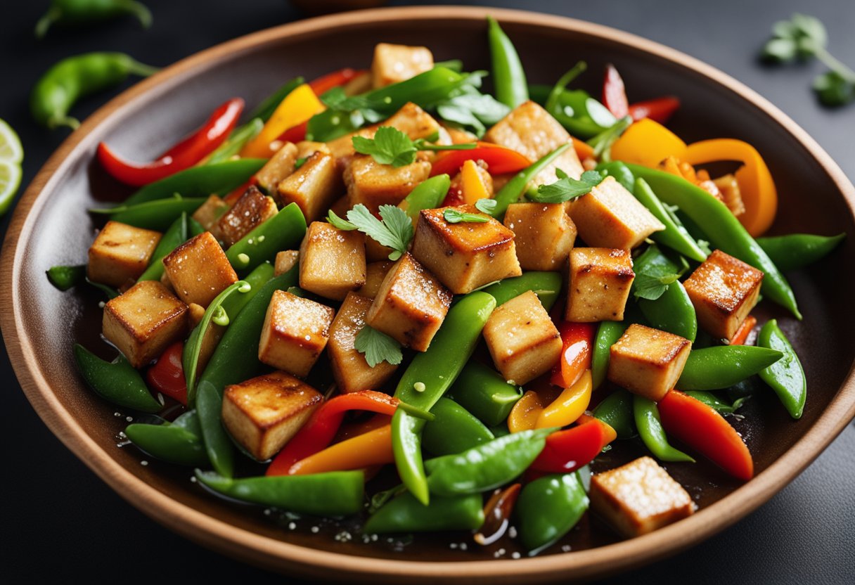 A sizzling wok tosses marinated tofu, colorful bell peppers, and crisp snow peas in a fragrant ginger and garlic sauce