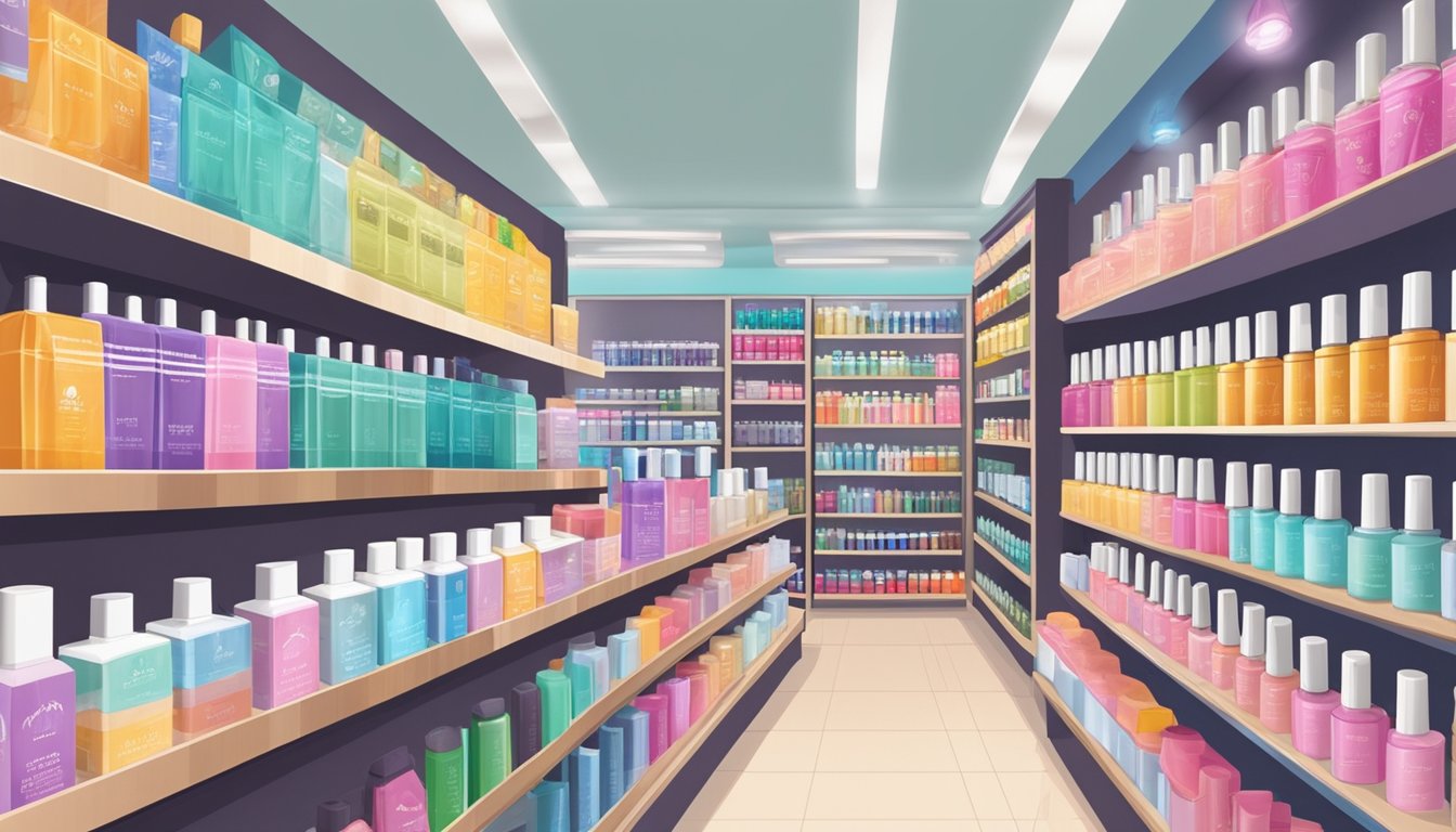 A shelf displaying various perming products in a Singaporean beauty supply store. Labels indicate different types of perming lotion available for purchase