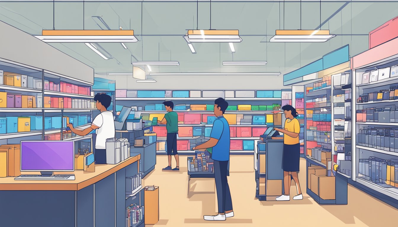 A bustling electronics store in Singapore, with shelves lined with Surface Pro 7 tablets and a salesperson assisting a customer