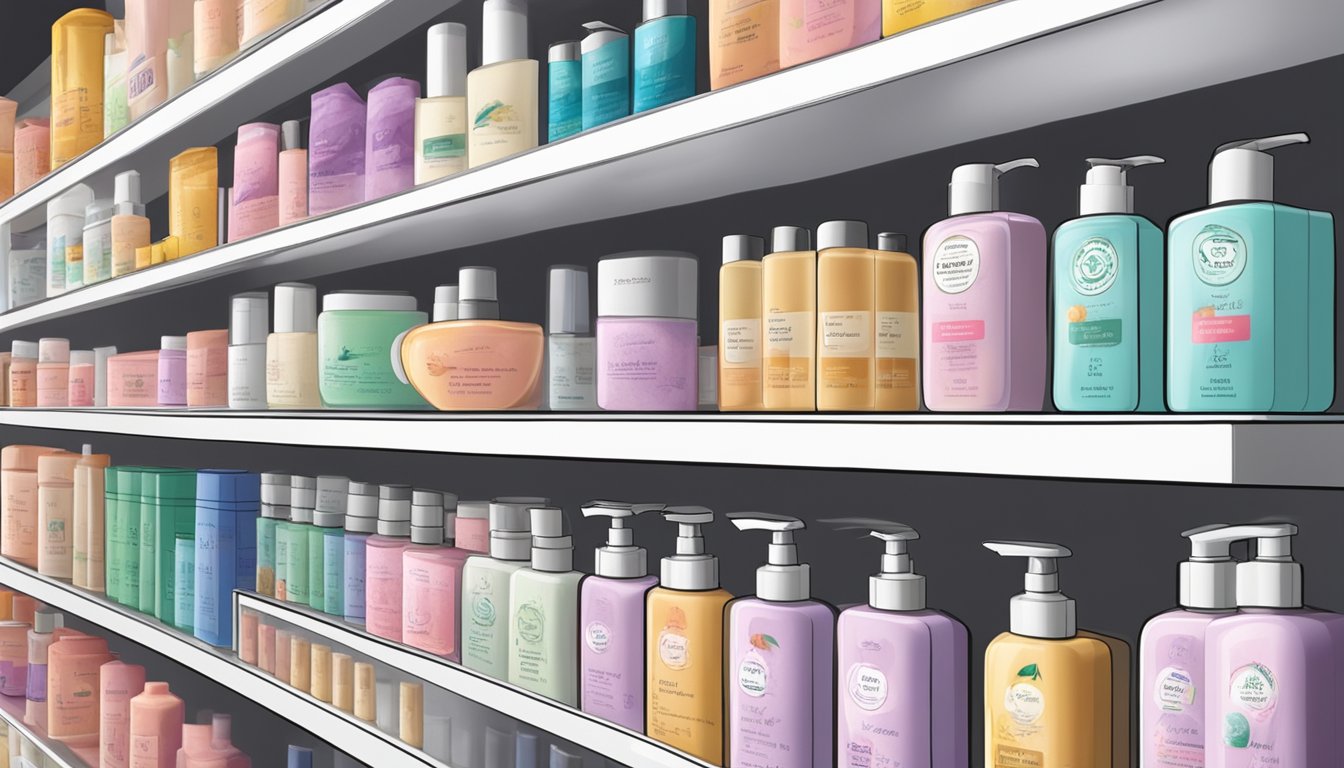 A shelf lined with perming lotions in a Singapore store. Labels are clear and prices are visible. Customers browse nearby