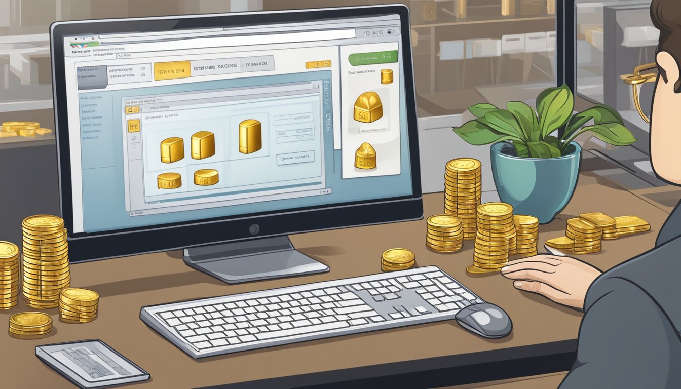A hand reaches for a computer mouse, clicking to buy bullion online. On the screen, a selection of gold and silver bars are displayed, with prices and purchase options