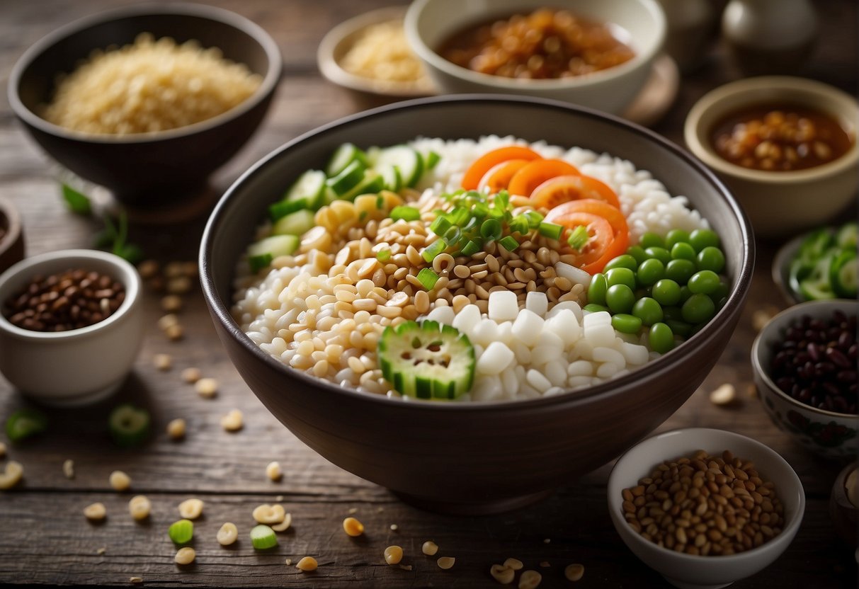 A bowl of Chinese porridge sits on a wooden table, surrounded by various flavorings and toppings such as green onions, pickled vegetables, soy sauce, and sesame oil