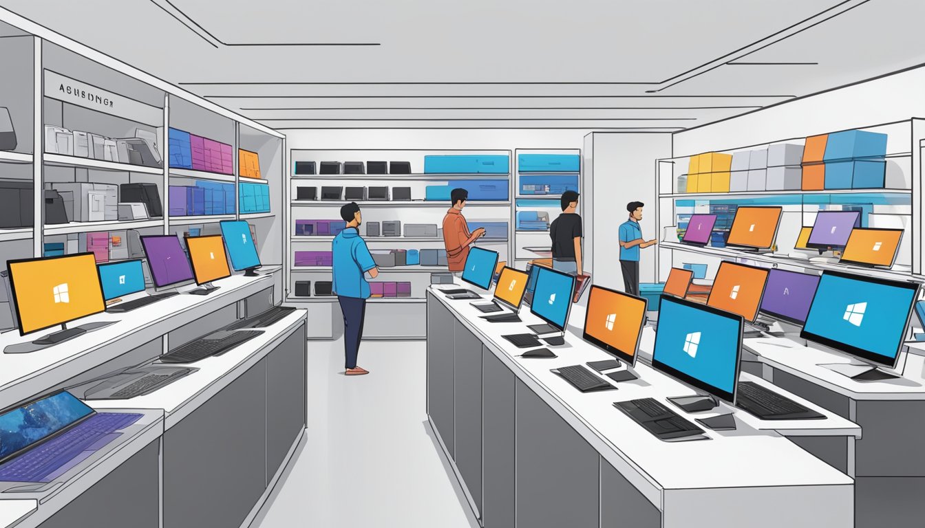 A busy electronics store in Singapore displays the latest Surface Pro 7 models on sleek, modern shelves. Customers browse and interact with the devices, while sales staff assist with inquiries