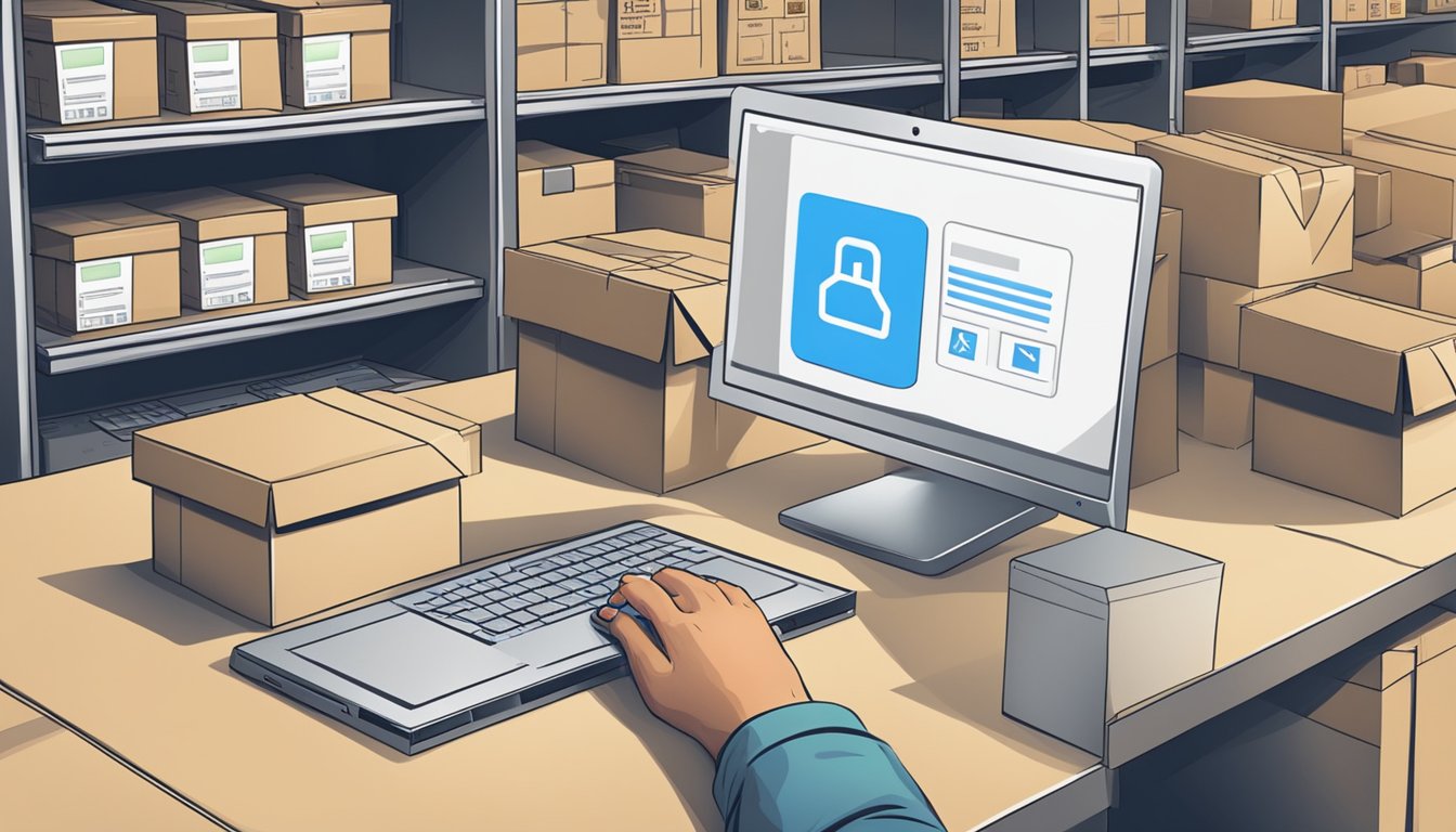 A person clicks "buy" on a computer, then receives a package and places it in a secure storage area