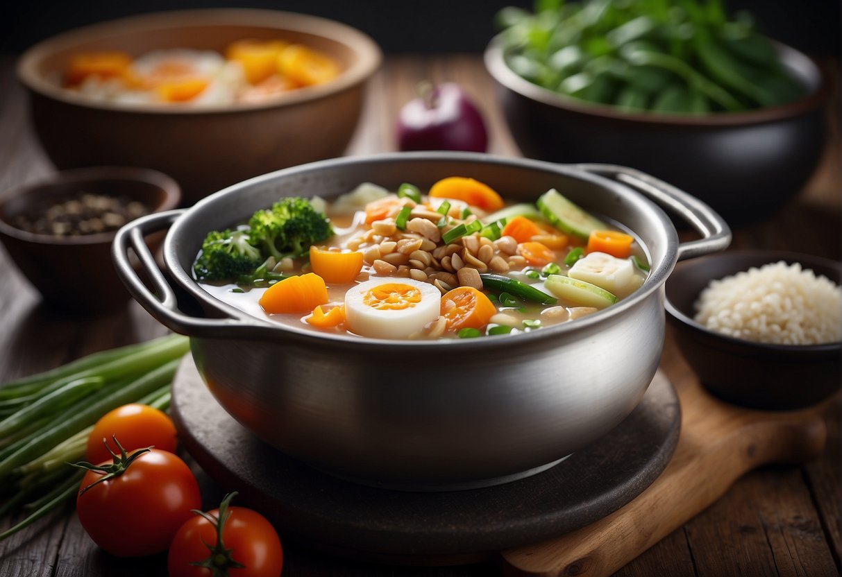 A pot simmers with Chinese porridge, filled with chunks of tender proteins and colorful vegetables