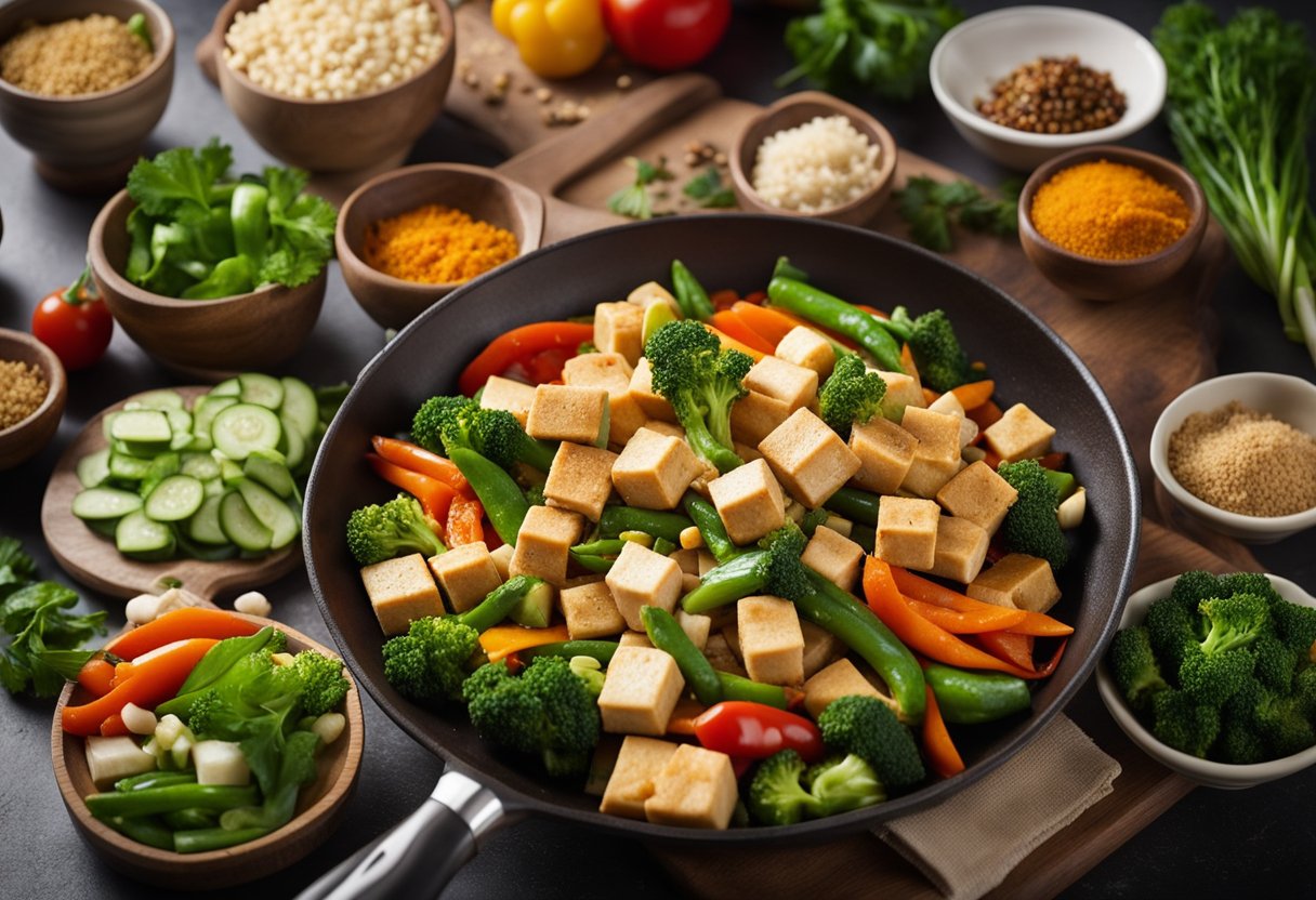 A table filled with colorful vegetables, tofu, and various spices. A wok sizzling with stir-fried tofu and vegetables. A cookbook open to "Essential Ingredients vegetarian Chinese tofu recipes" on the counter