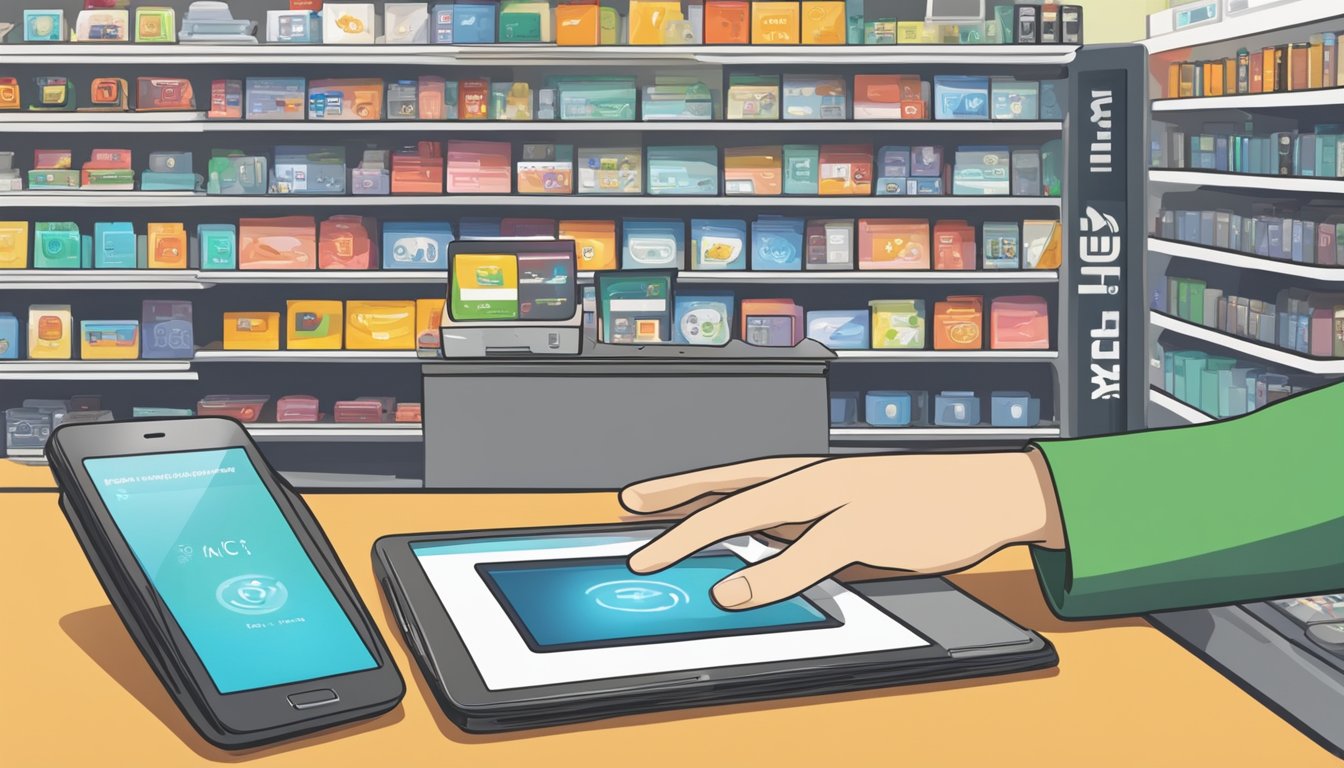 A hand reaches for a pocket wifi device in a store in Singapore. The device is displayed on a shelf with other electronic gadgets