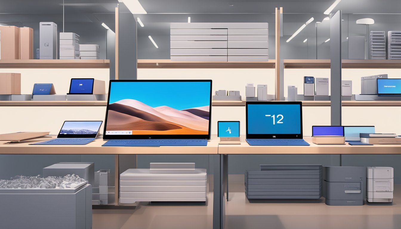 The Surface Pro 7 is displayed on a sleek, modern store shelf in Singapore, surrounded by other electronic gadgets. The signage clearly indicates the product's key features and specifications