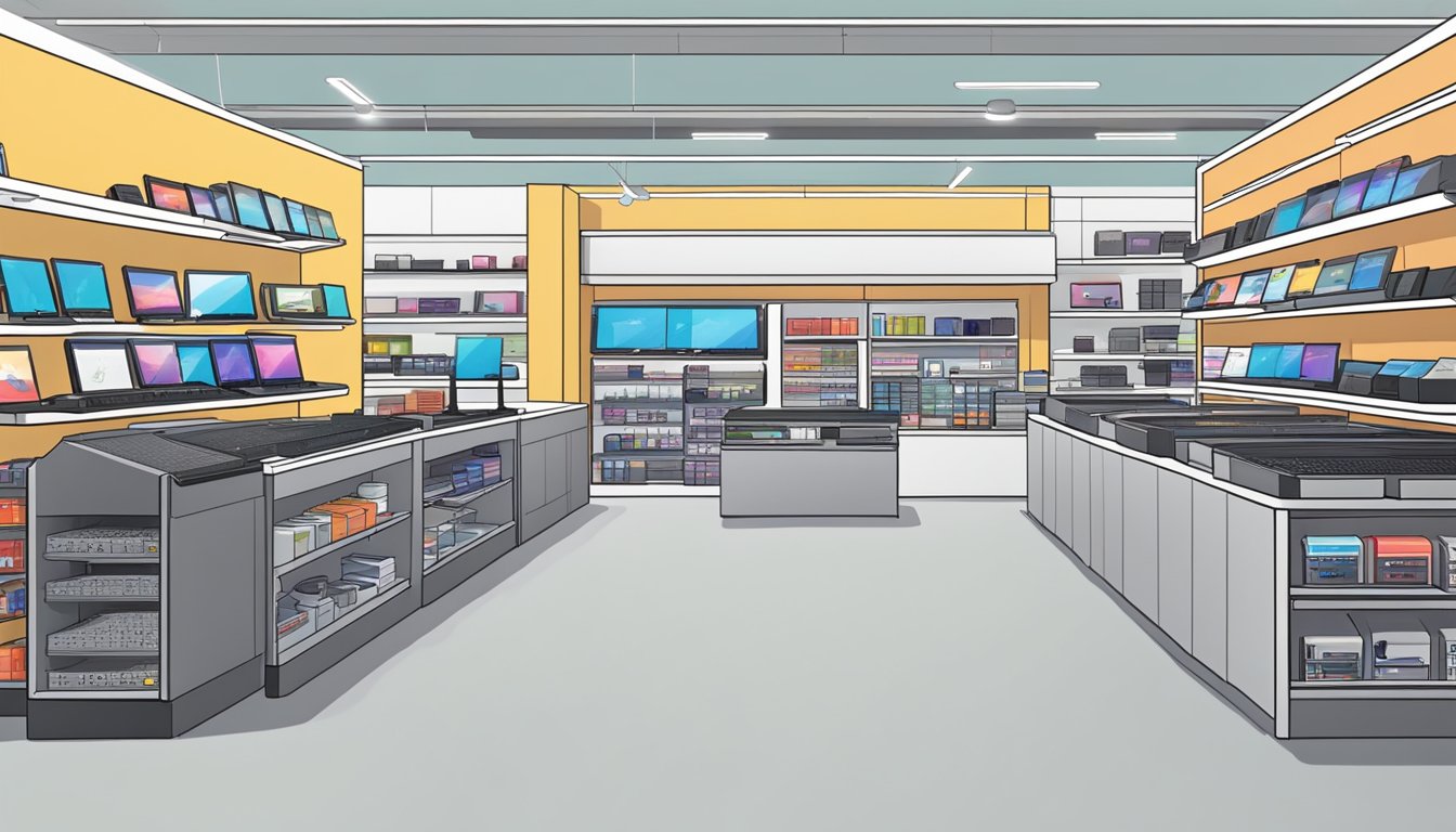 A bustling electronics store in Singapore displays the latest Surface Pro 7 models. Shelves are neatly stocked with the sleek devices, while customers inquire about their features
