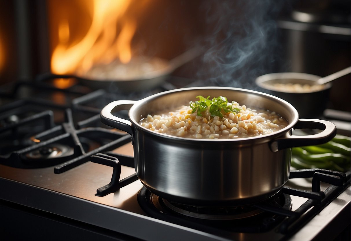 A pot of Chinese porridge sits on a stove. A bowl of leftovers is being reheated in the microwave