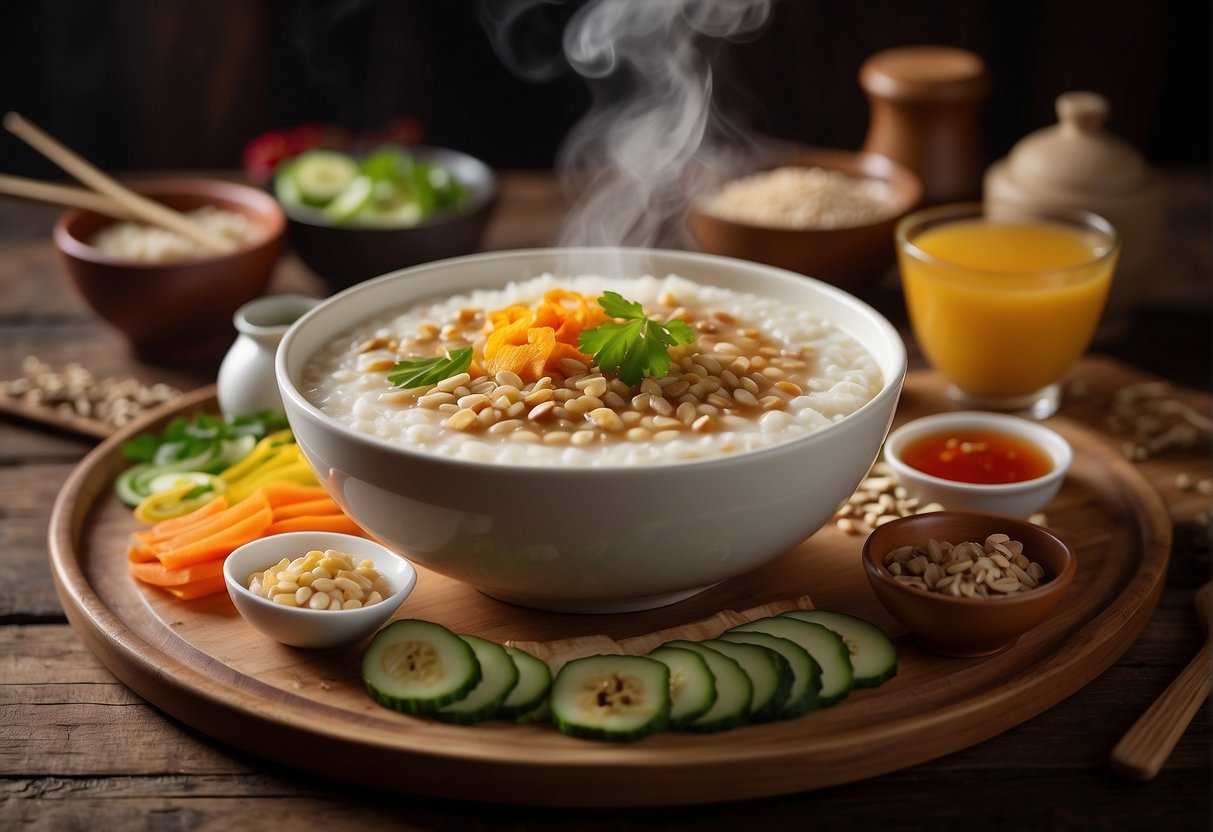 A steaming bowl of Chinese porridge surrounded by various condiments and garnishes on a wooden table