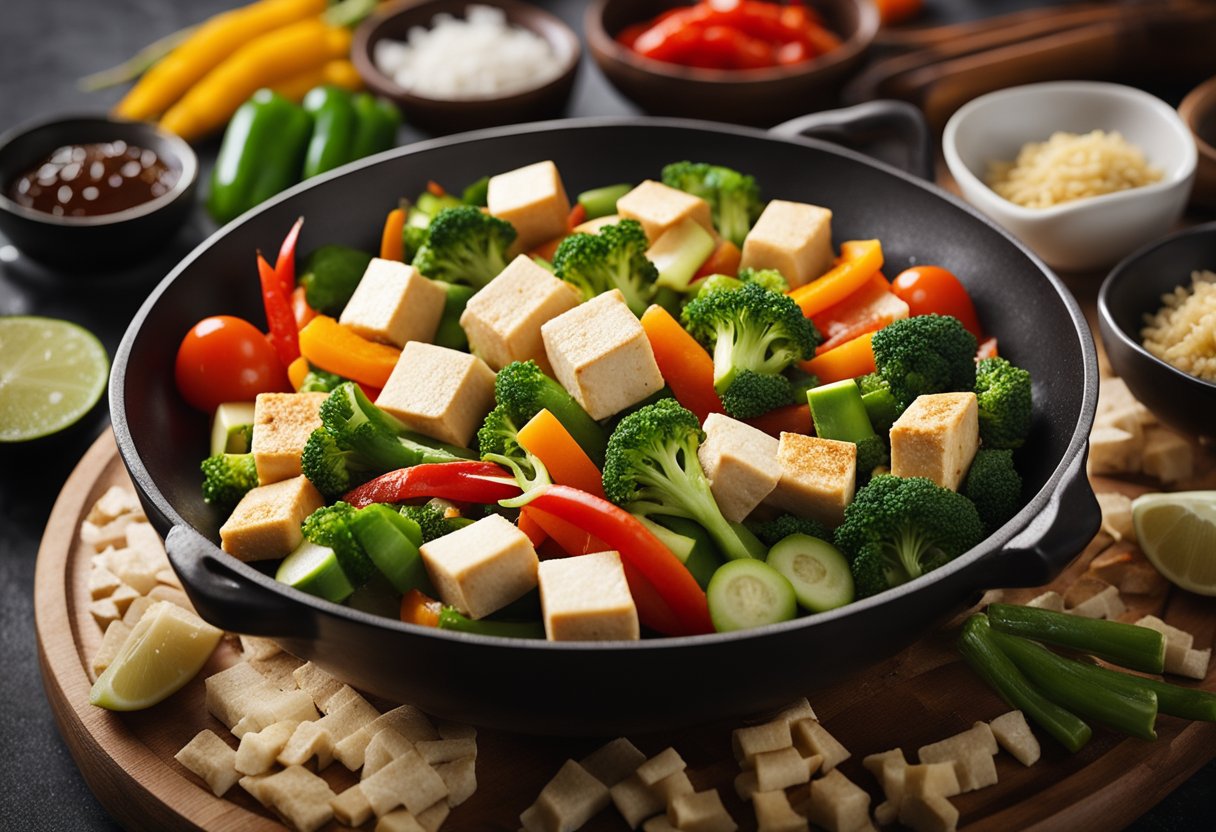 A colorful array of fresh vegetables and tofu sizzling in a wok, surrounded by traditional Chinese cooking ingredients