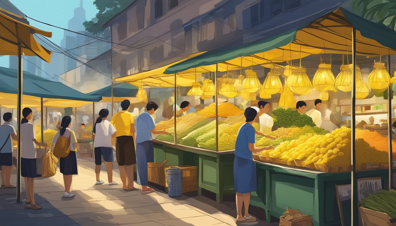 A bustling market stall in Singapore displays vibrant pulut kuning, attracting customers with its rich yellow color and aromatic scent