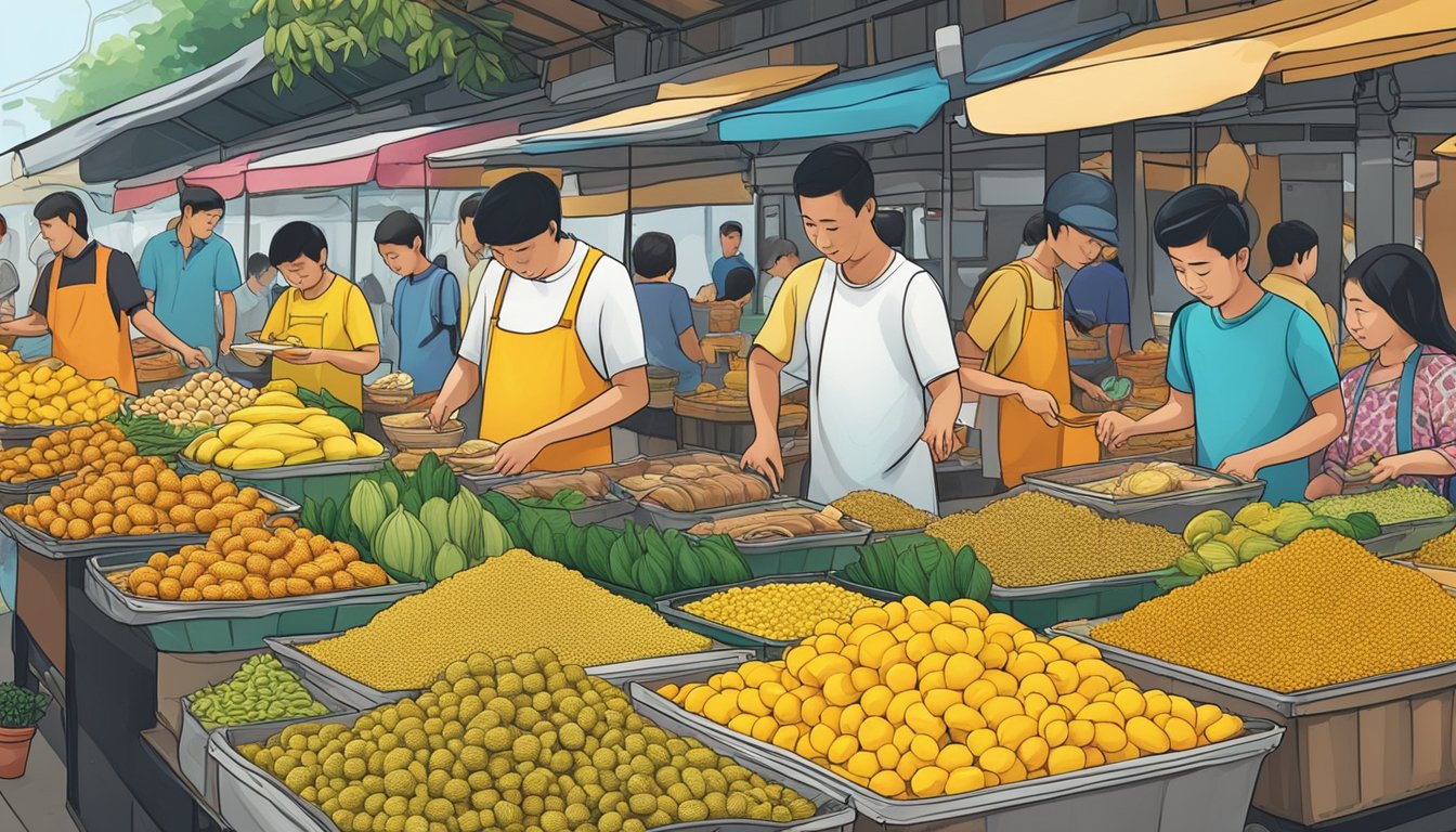 A colorful display of Pulut Kuning at a bustling market in Singapore, with vendors arranging neatly packed portions for sale