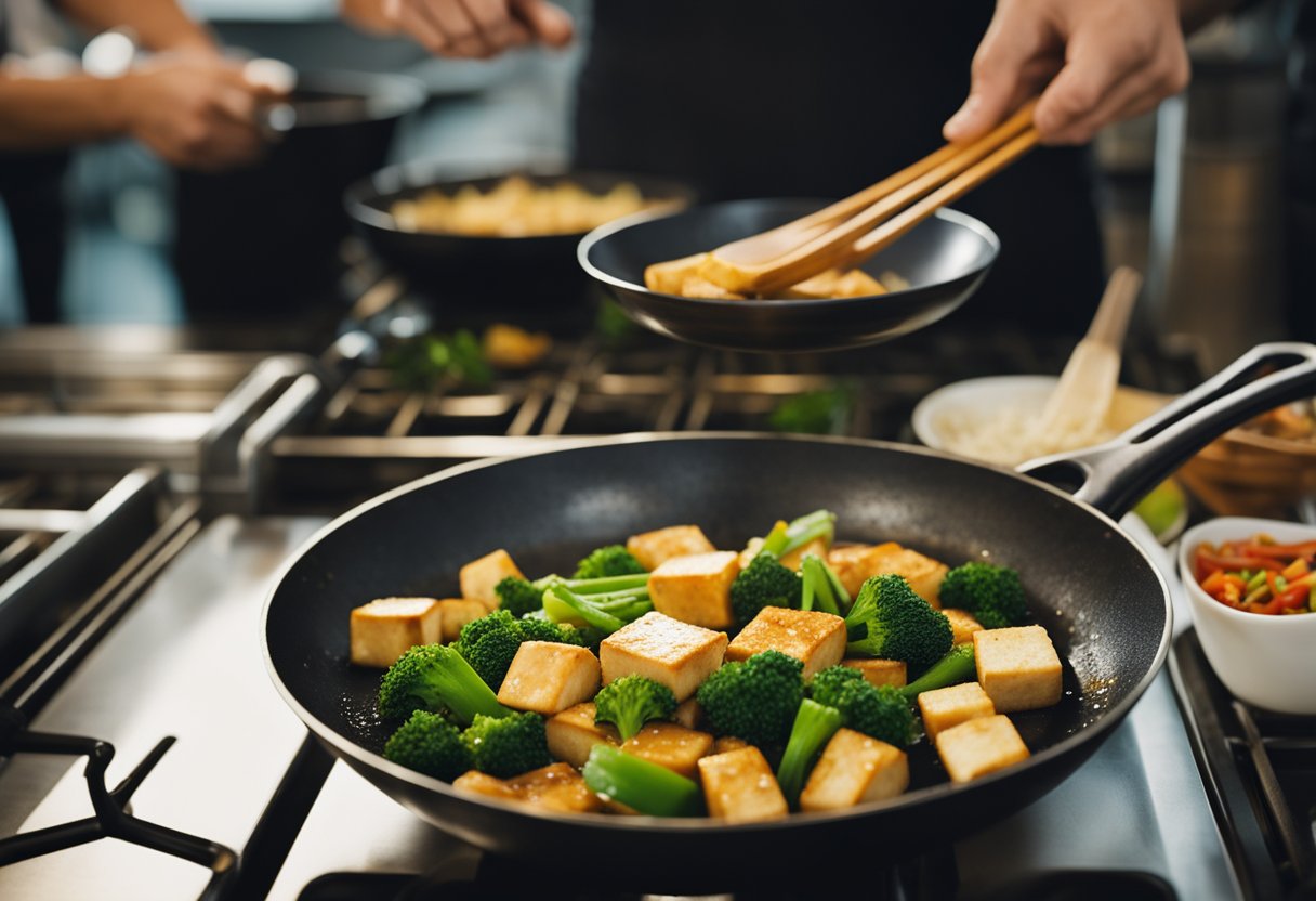 A wok sizzles as tofu is stir-fried with ginger, garlic, and soy sauce. Chopped vegetables are added, creating a colorful and fragrant dish