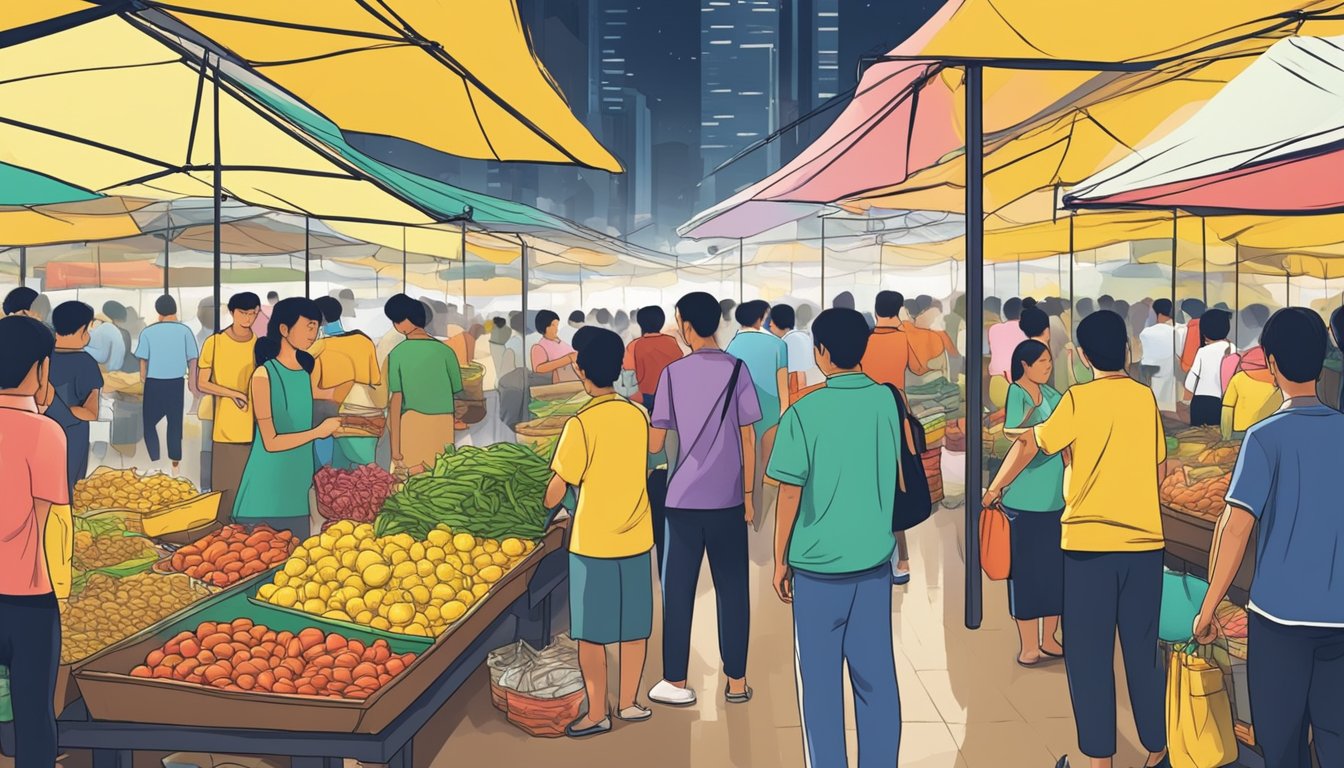 A bustling wet market with vendors selling colorful bags of pulut kuning in Singapore. Customers eagerly line up to make their purchases