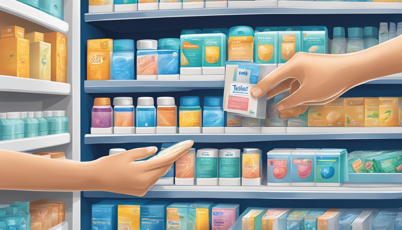 A hand reaching for a box of Telfast D on a pharmacy shelf in Singapore