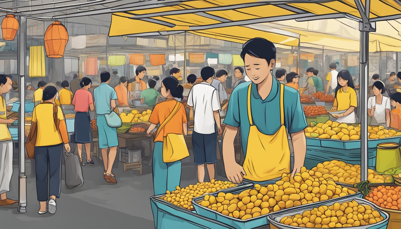 A bustling market stall displays vibrant pulut kuning, with eager customers inquiring about its availability in Singapore