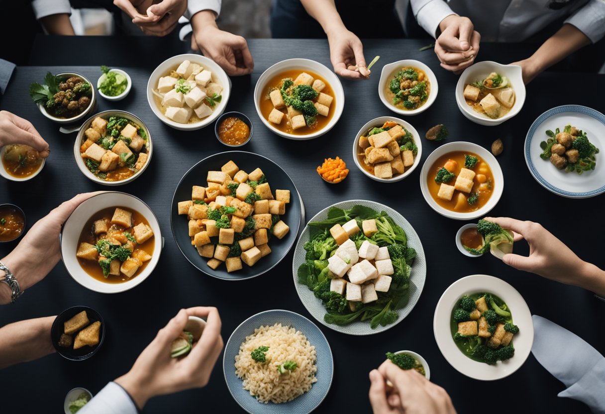 A table spread with various vegetarian Chinese tofu dishes, surrounded by curious onlookers with questions in hand