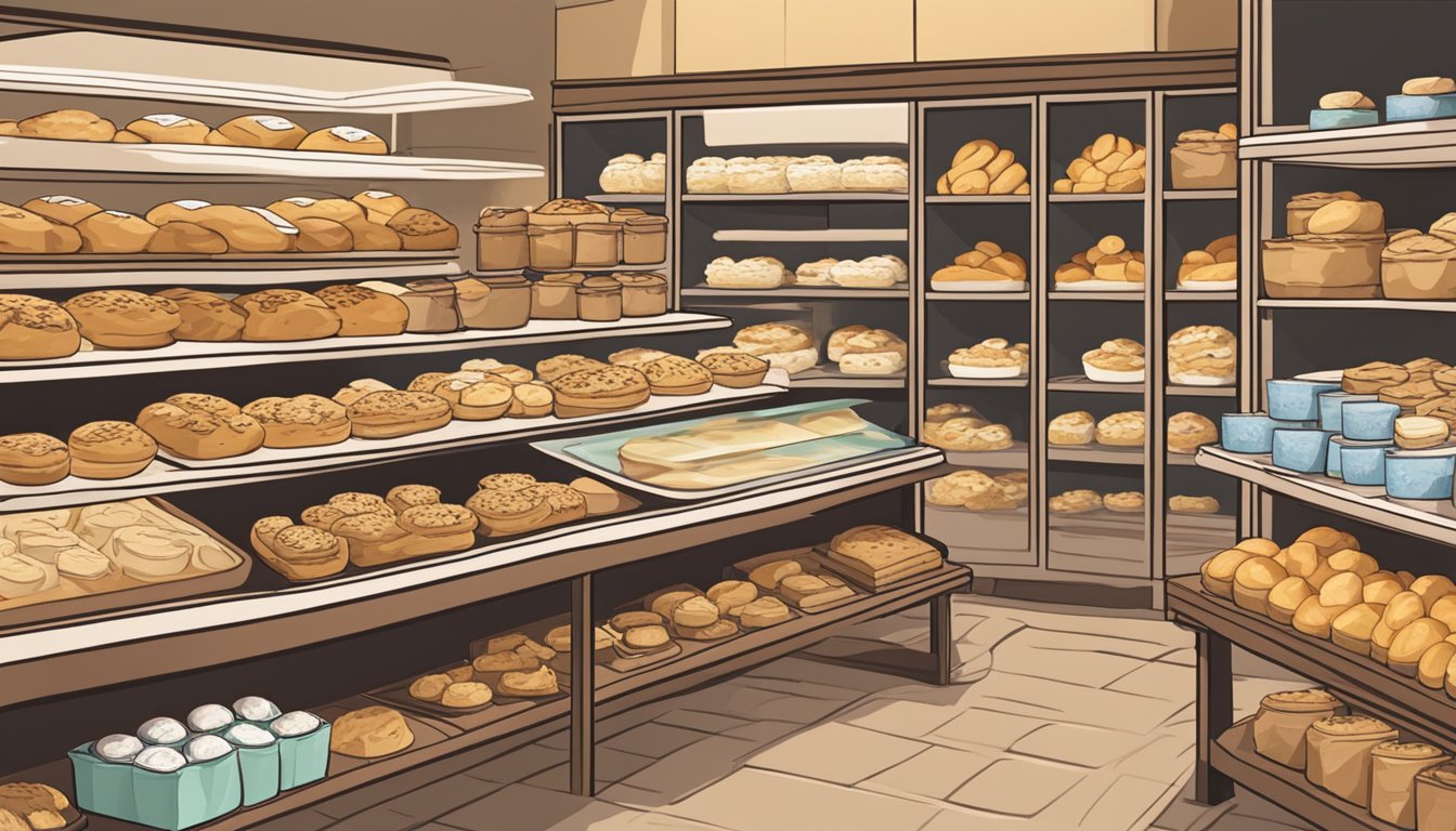 A bustling bakery display with a variety of freshly baked scones in Singapore. Shelves are filled with different flavors and sizes, and a sign indicates the availability of scones for purchase