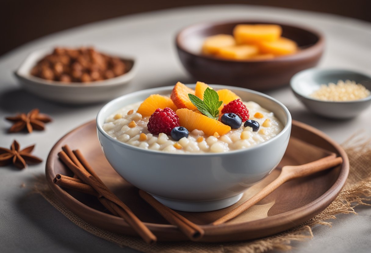 A small bowl of warm, creamy Chinese porridge sits on a table, topped with diced fruits and a sprinkle of cinnamon
