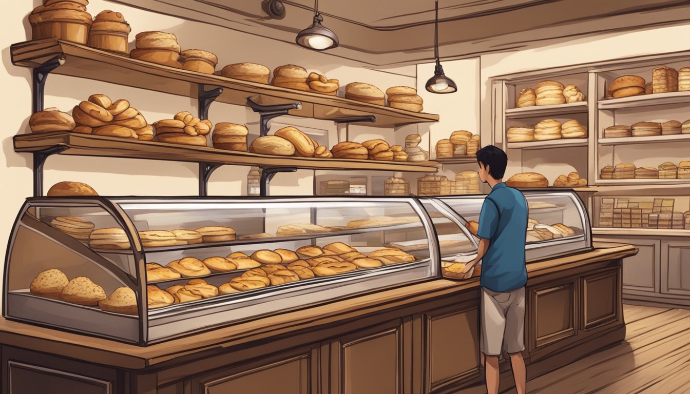 A quaint bakery in Singapore bustling with customers, displaying a variety of freshly baked scones on rustic wooden shelves. The aroma of buttery pastries fills the air