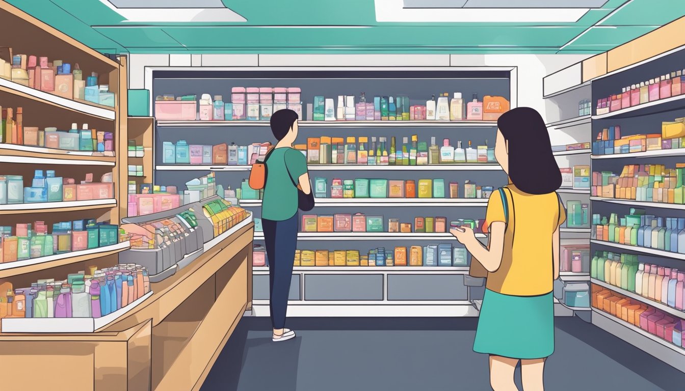 A bustling store in Singapore displays shelves of toiletries for sale. Customers browse the colorful products, while a cashier stands ready at the checkout counter