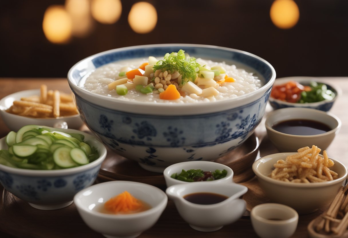 A steaming bowl of Chinese porridge sits on a wooden table, surrounded by small dishes of pickled vegetables and crispy fried dough sticks. A pair of chopsticks rests on the side of the bowl