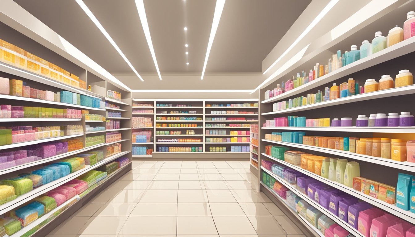 Shelves of toiletries line the aisles in a modern, brightly lit store in Singapore. Colorful packaging and various products are neatly organized, with signs indicating different categories
