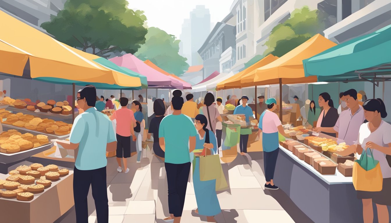 A bustling Singapore market with colorful stalls selling freshly baked scones, surrounded by locals and tourists sampling the delicious treats
