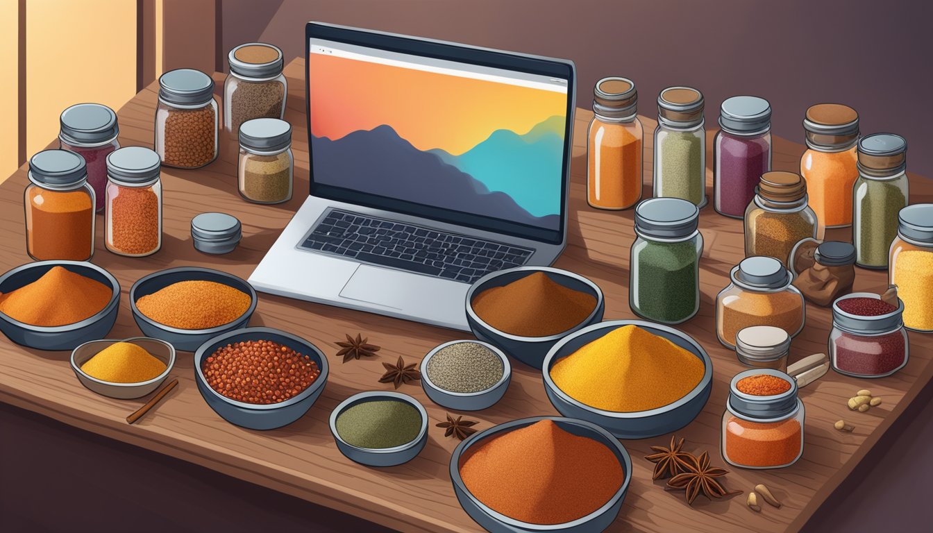 A table covered in a variety of colorful spices, with labeled jars and a laptop open to an online spice store