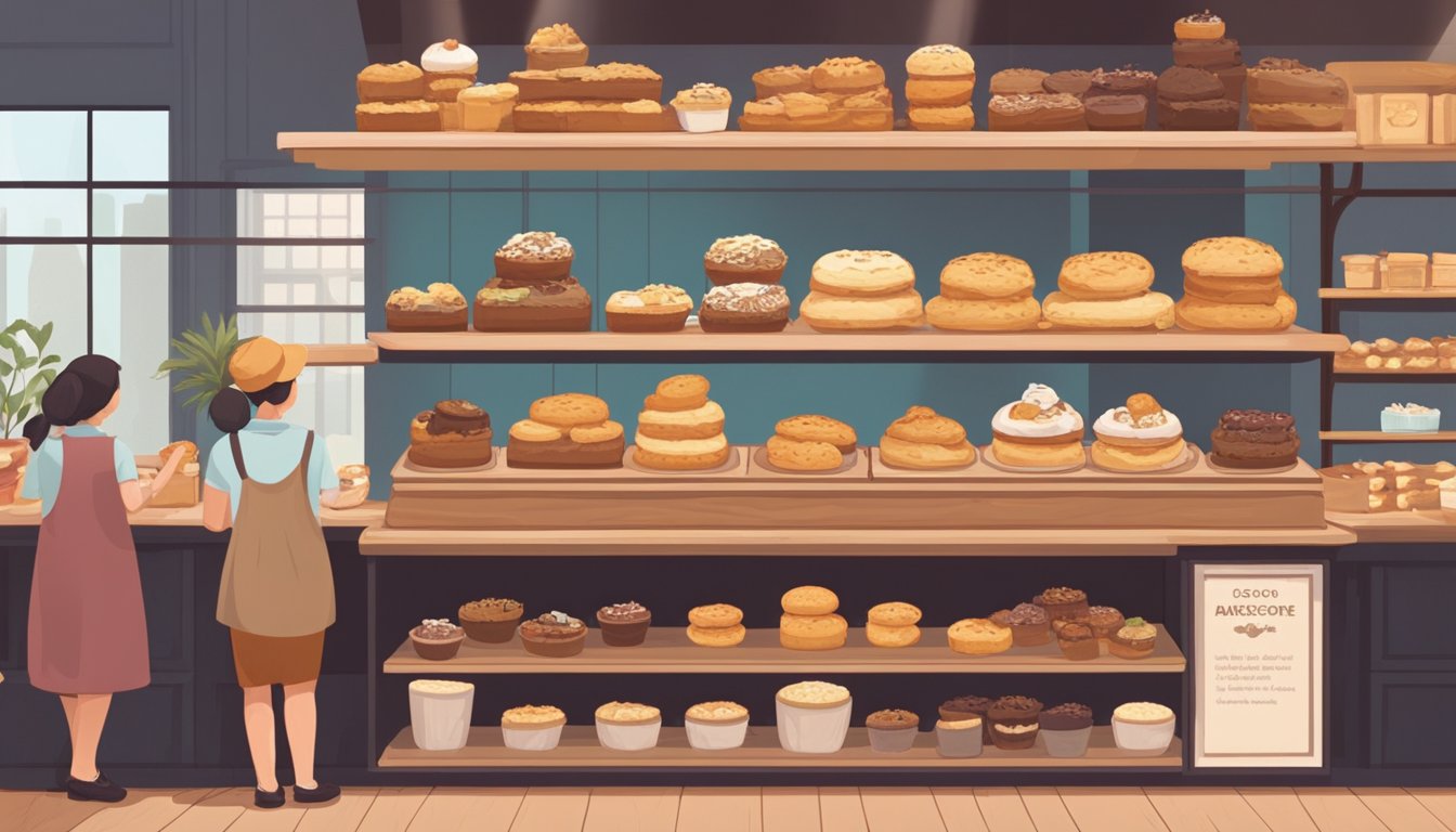 A display of various scones on shelves in a cozy bakery in Singapore. Customers browsing and pointing at different flavors