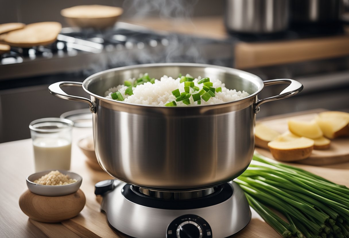 A pot simmers on a stove. Ingredients like rice, water, and ginger sit nearby. A small bowl of chopped green onions adds color to the scene