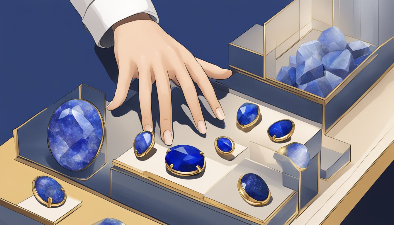 A hand reaching for a lapis lazuli gemstone in a Singaporean jewelry store