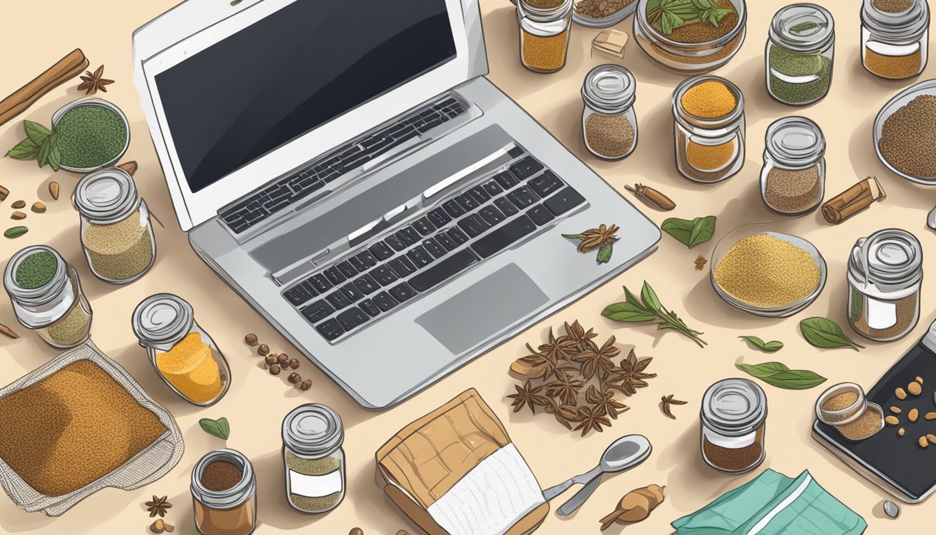 A laptop open to a webpage titled "Frequently Asked Questions: where to buy spices online" with various spice jars and packages scattered around it