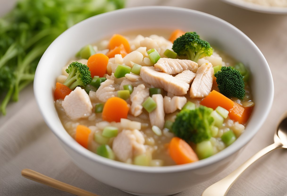 A bowl of Chinese porridge with colorful, diced vegetables and tender pieces of chicken, accompanied by a spoon and a nutrition label