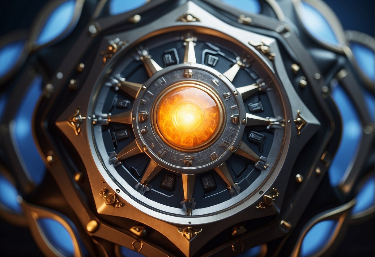 Um escudo envolve um núcleo brilhante, repelindo as ondas de energia que chegam.