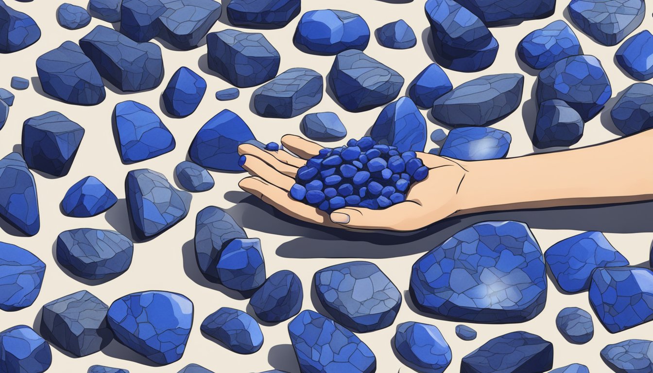 A hand reaches into a pile of vibrant blue lapis lazuli stones, scattered on a table in Singapore