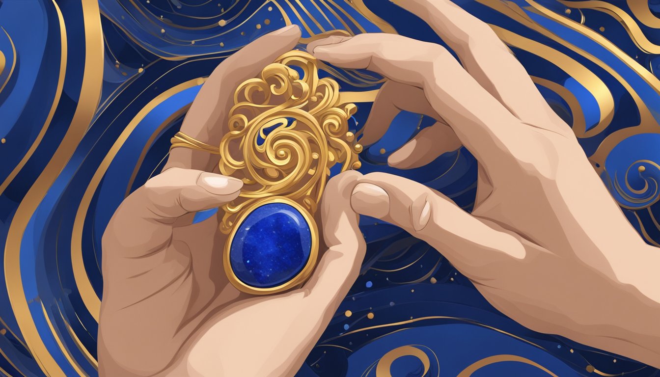 A hand holding a lapis lazuli gemstone against a backdrop of deep blue and gold swirls