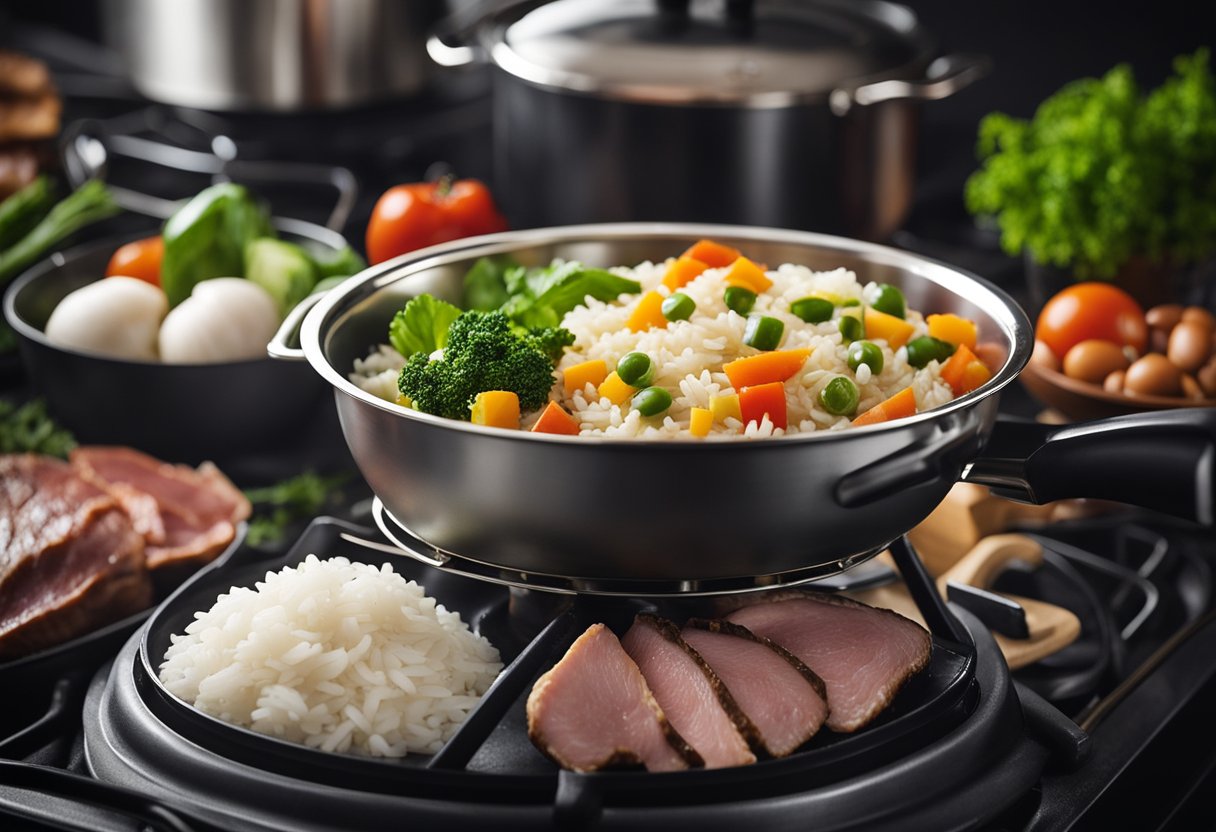 A colorful array of fresh ingredients, including rice, vegetables, and tender pieces of meat, are being gently stirred together in a pot on a stove