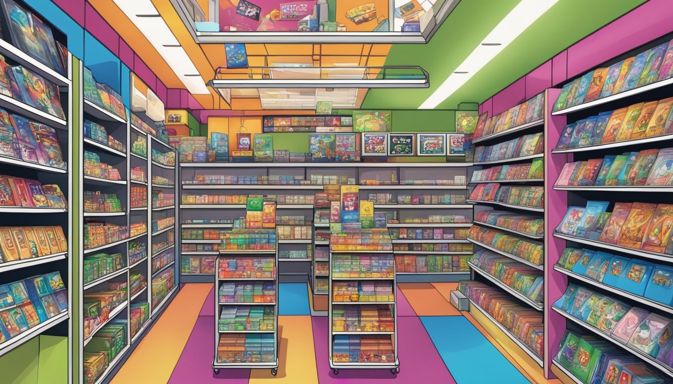 A vibrant gaming store in Singapore displays shelves of Uno cards and other specialty games, with customers browsing and making purchases