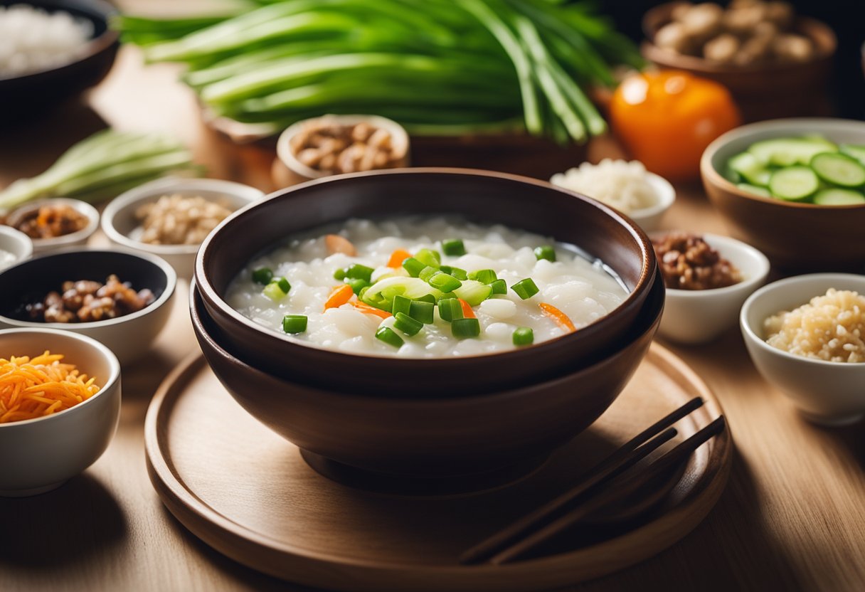A colorful bowl of steaming Chinese porridge sits on a wooden table, surrounded by small dishes of toppings like sliced green onions, fried shallots, and pickled vegetables