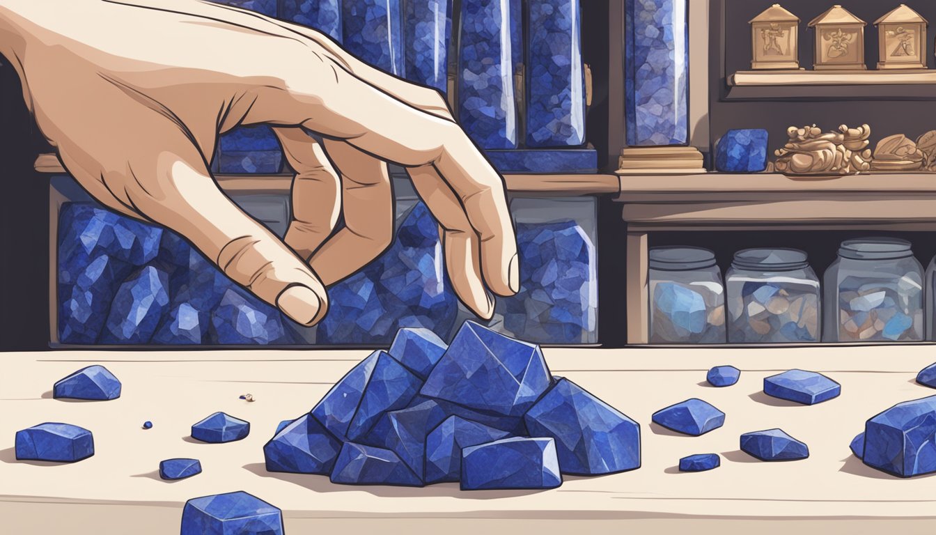 A hand reaches for a vibrant lapis lazuli gemstone in a Singaporean marketplace, with a sign reading "Frequently Asked Questions" in the background