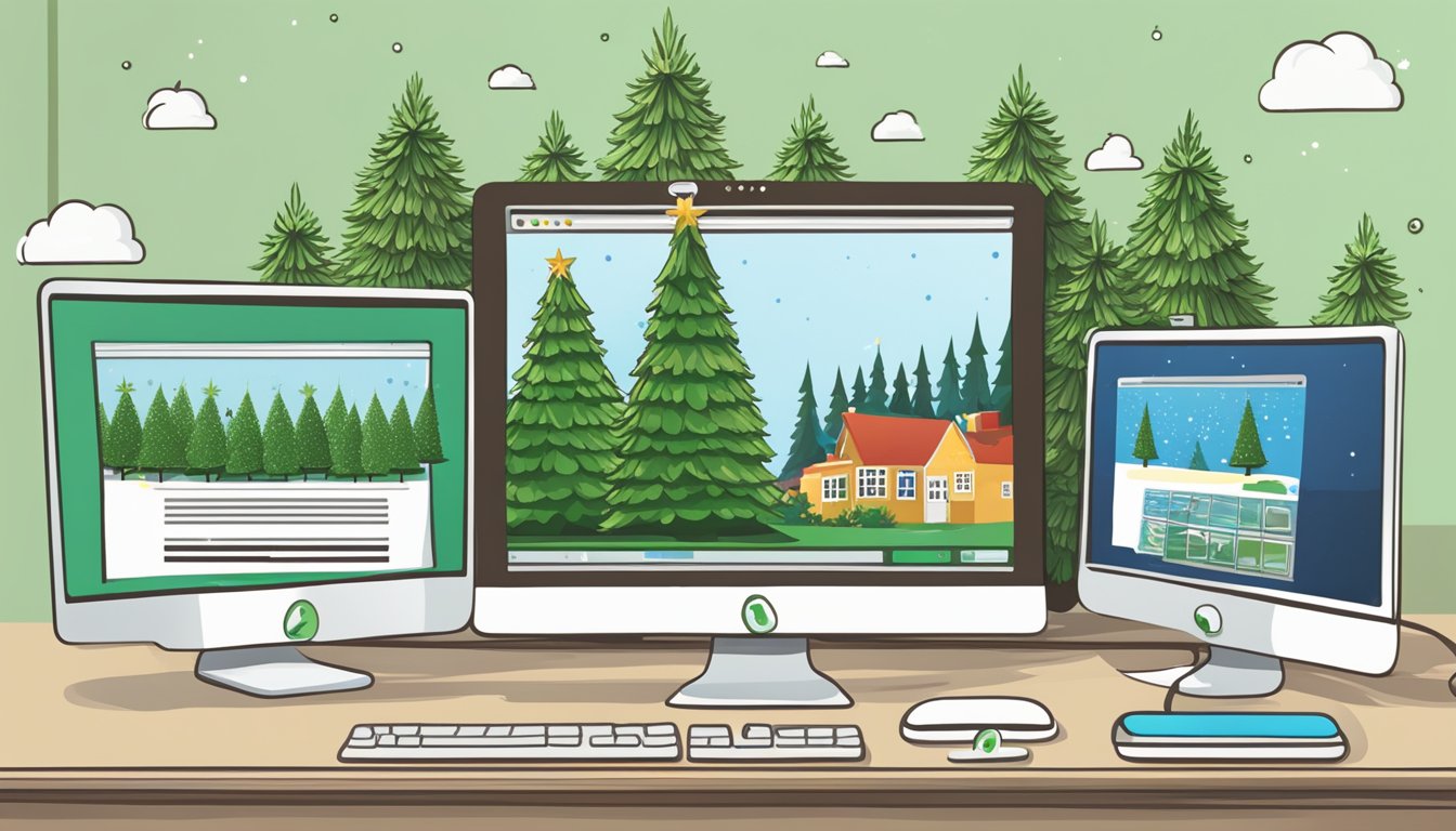 A computer screen displaying a website with a variety of Christmas trees available for purchase. A cursor hovers over the "add to cart" button