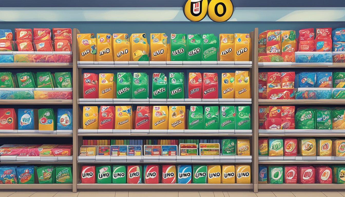 A display of Uno cards in a Singapore store, with a prominent sign indicating "Frequently Asked Questions: Where to buy Uno cards in Singapore."
